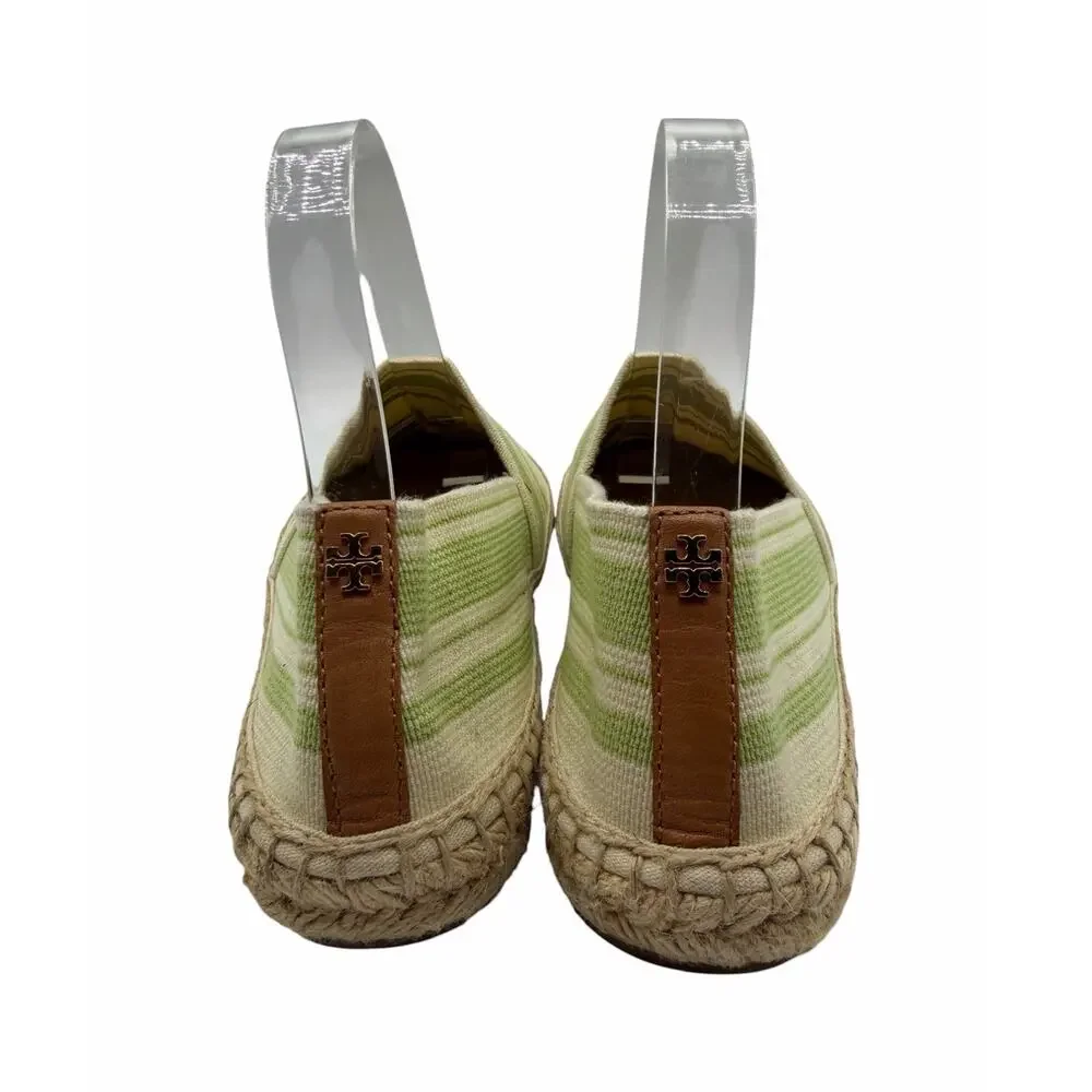 Tory Burch Striped Espadrille Slip-On Flats Green‎ Ivory Canvas Jute Women’s 10